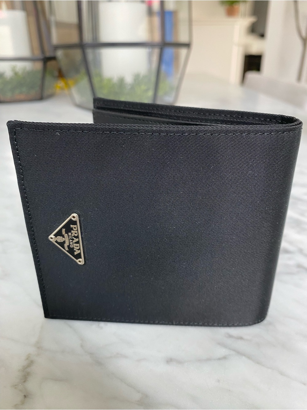Prada M513 Tessuto Nero Black Nylon Bi-Fold Wallet with Silver Triangle Logo